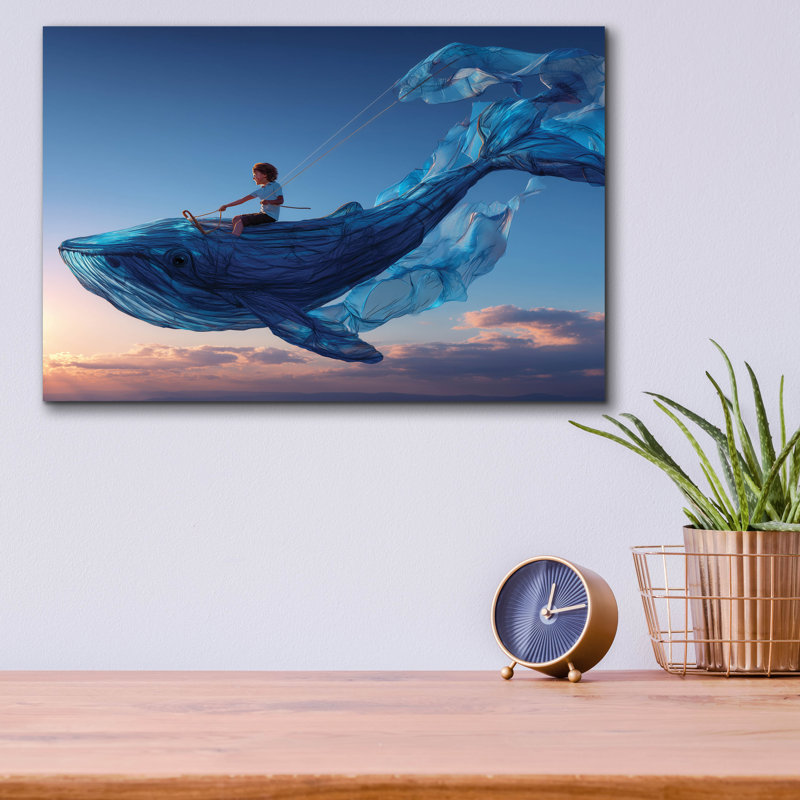  «Riding A Flying Whale» par Ann Klee, art mural en verre acrylique, 16 po x 12 po