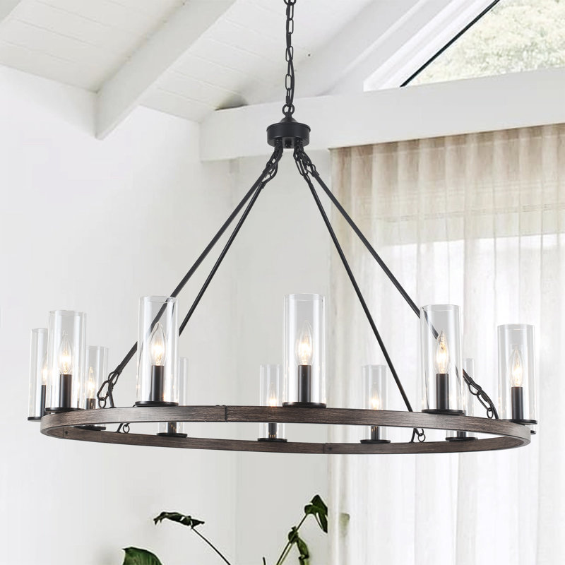 12 - Light Dimmable Wagon Wheel Chandelier With Clear Lampshade, Black/Brown