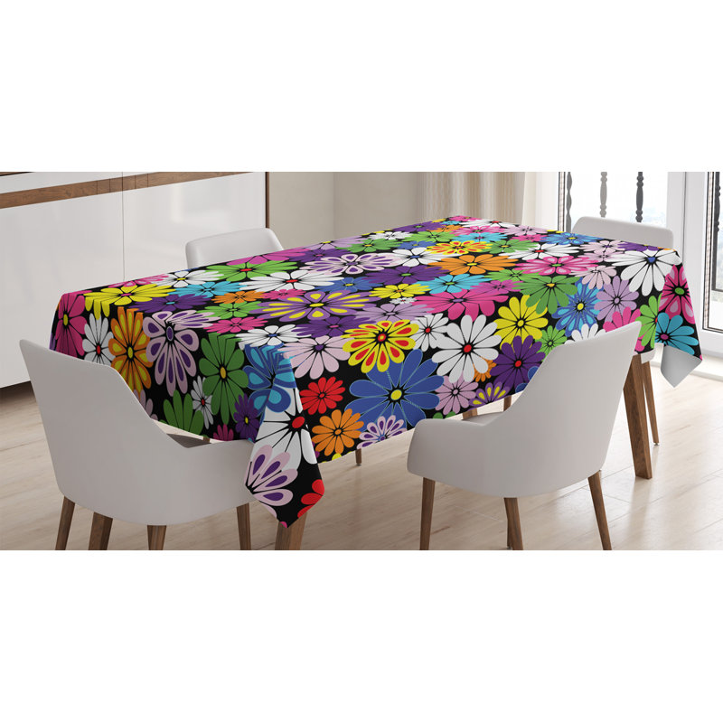 Ambesonne Flower Tablecloth, Floral Vivid Pattern With Colorful Flowers Daisies Wildflowers Cheerful Natural, Rectangular Table Cover For Dining Room Kitchen Decor, 52" X 70", Multicolor