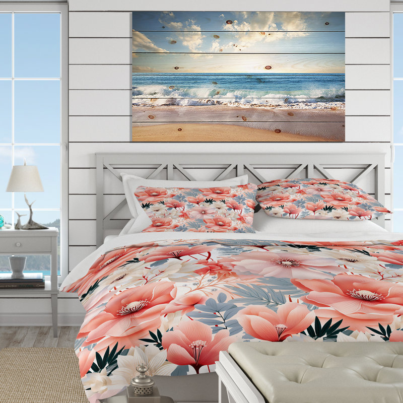 Seaside Elegance Tropical Pattern Duvet Cover, Queen Duvet Cover + 2 Standard Shams
