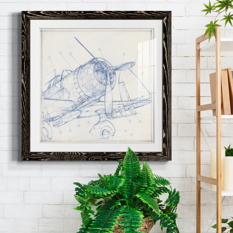 Croquis mécanique d'avion I-Premium, reproduction encadrée - prêt à être accroché, H 22,5 po x l 22,5 po x P 1,5 po, Blanc