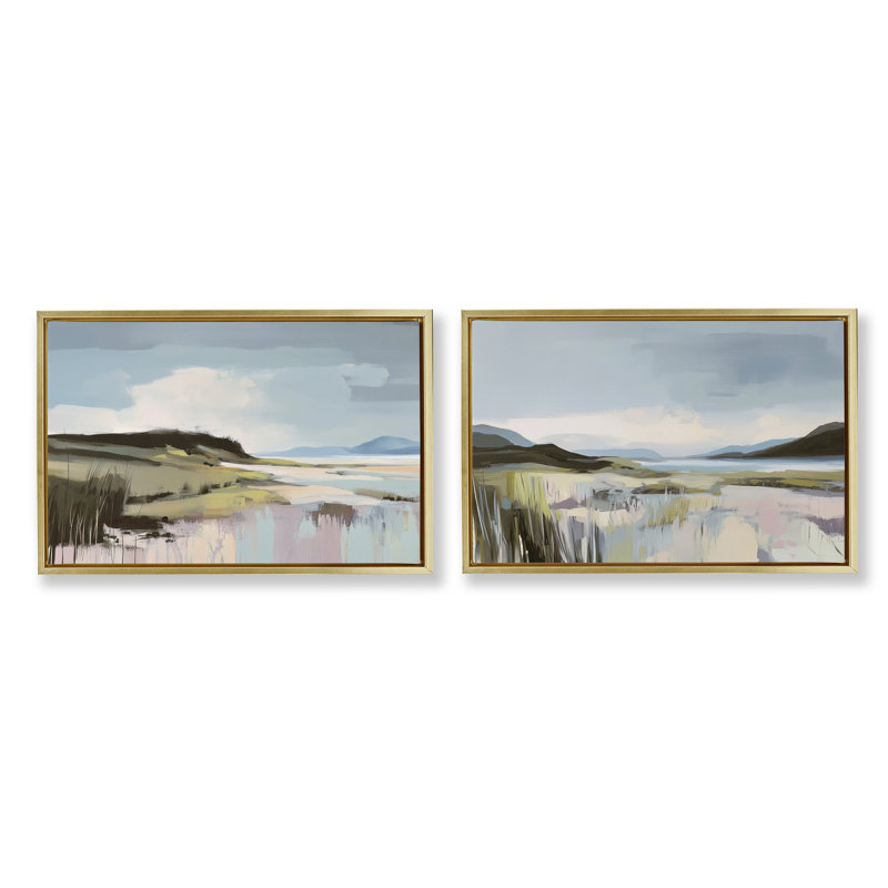 Verdant Coastal Waters 2pc Floating Frame Set, design by Elara Yasna, Metallic Gold Floater Frame, 17" H x 25" W