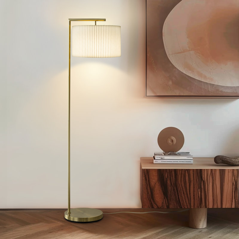 Montage Modern 60 in. Unique Standing Mid Century Modern Floor Lamp with Fabric Drum Shade - LED Bul, Pleated Ivory, Gold