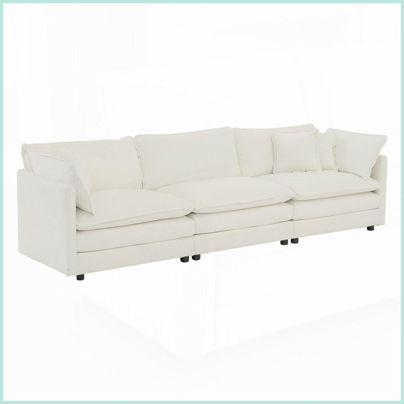 Canapé en chenille 3 places Mid-Century moderne avec 5 coussins - blanc, salon polyvalent et confortable
