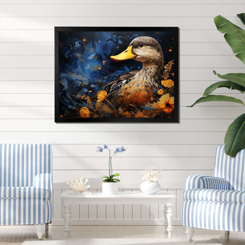 Canard bleu baroque élégance II - Canard, art mural, H 30 po x l 40 po x P 1,5 po, Cadre d'angle fermé noir