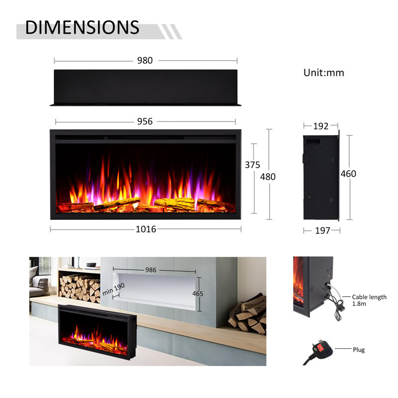 CASTELLO FLAMME Stainless Steel Electric Fireplace Insert, 48cm H x 102cm W x 19.7cm D