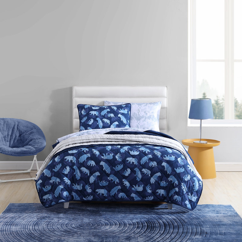 Courtepointe réversible en microfibre bleu marine / blanc Camp Camo, Courtepointe pour lit simple + 1 taie décorative 