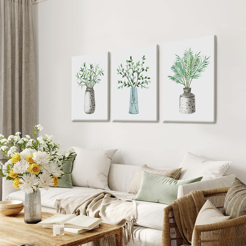 3 Pcs Farmhouse Green Plant Canvas Wall Art Natural Green Leaves Abstract Art Image Print Wall Decor Minimalist Botanical Print In Vase Bedroom Kitchen Wall Decor Framed