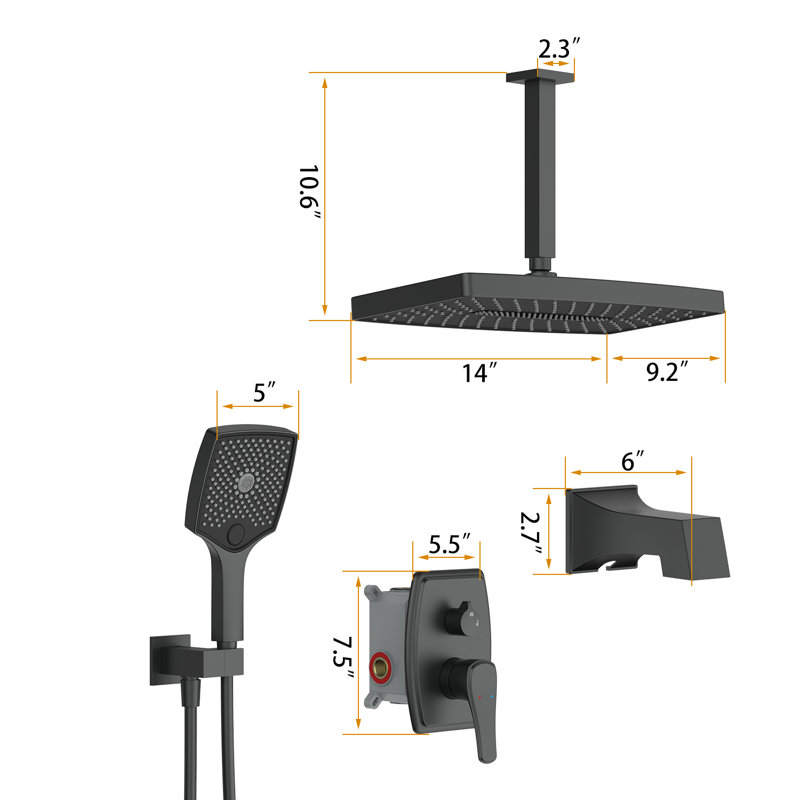Shower & Tub Systems with 14" Rain Head and High Pressure Handheld, Celling Mount, Rough in-Valve, Matte Black