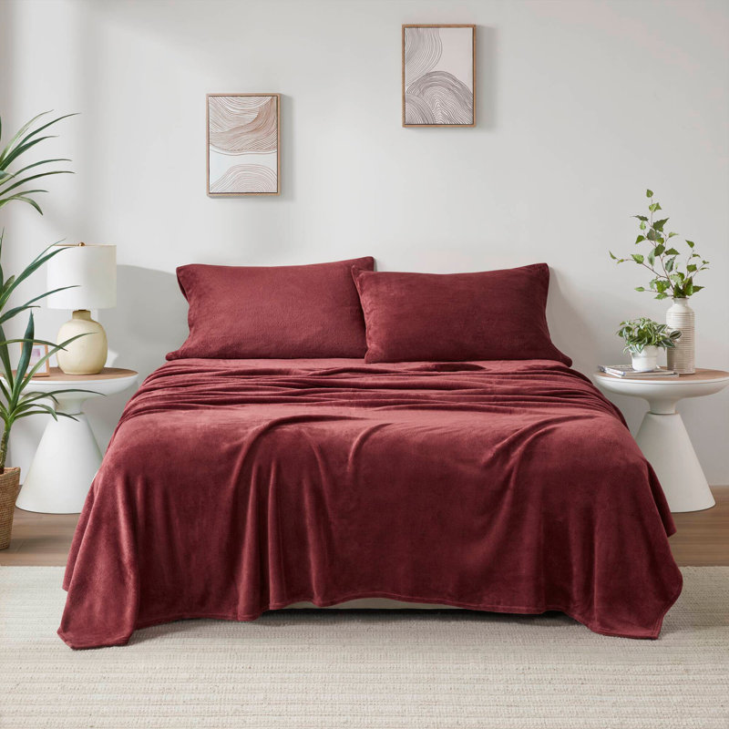 4 PCS Micro Plush Sheet Set, Burgundy, King Sheet Set