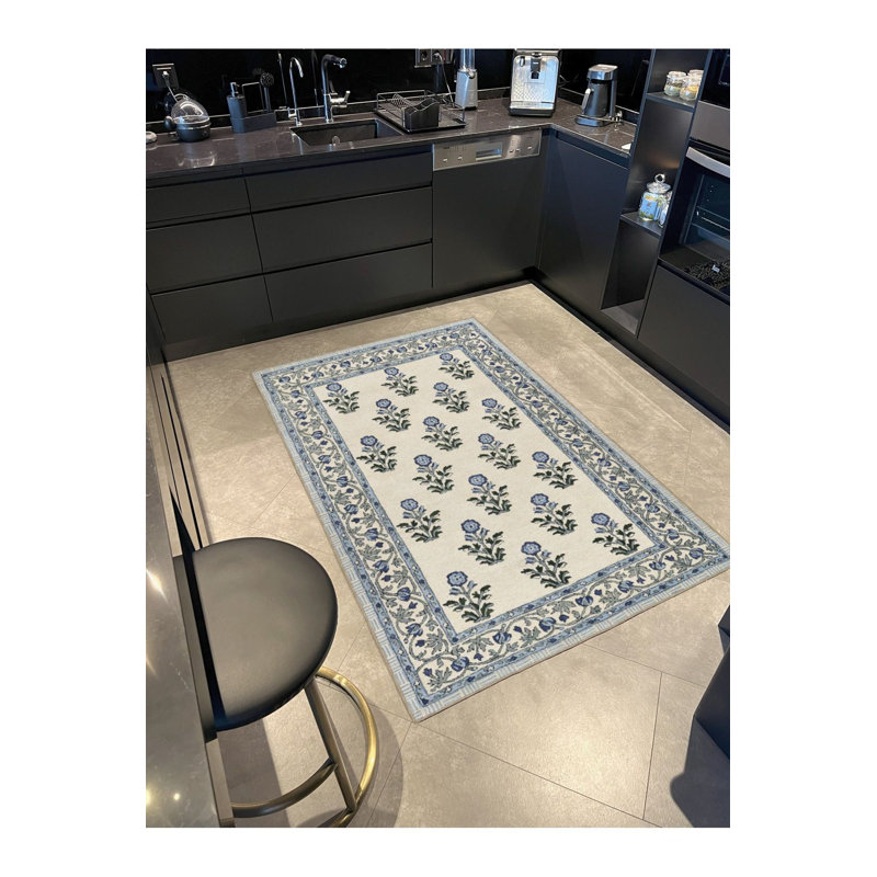 Tapis bleu tissé à motif floral lavable à la machine, Sous-tapis carré 3 pi 3 po inclus