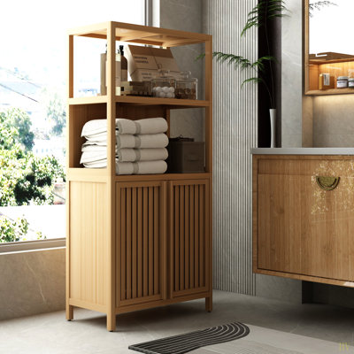 Bamboo Storage Cabinet, Freestanding Bathroom Cabinet With 2  Doors, Floor Cabinet Organizer For Living Room, Kitchen, Entryway
