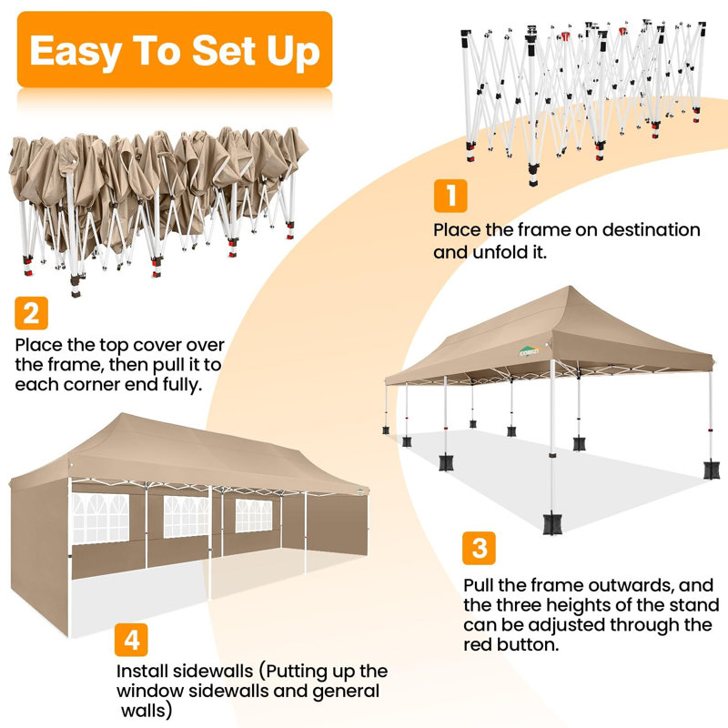 10x30 Pop Up Canopy Tent with 5 Removable Sidewalls, Easy Setup Canopy with Roller Bag & Sandbags, Khaki