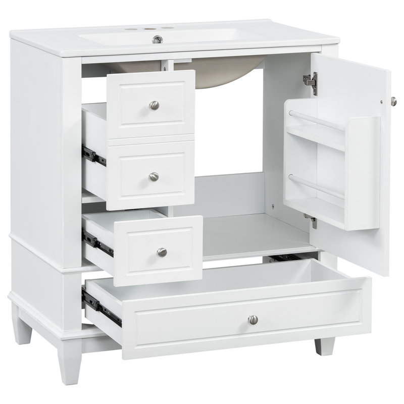 Meuble-lavabo avec lavabo, tablette et tiroirs, Argent argent, Blanc
