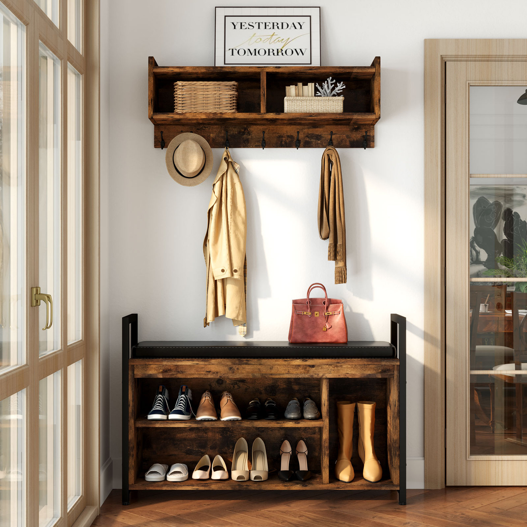 Entryway Hall Tree, Freestanding Coat Rack with Bench and Shoe Storage,  Mudroom Bench with Storage and 4 Hooks, Wood Coat Tree Mudroom Storage  Bench