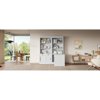 Suite de 83,4 po de hauteur pour bibliothèque et bureau d'écriture, ensemble de bibliothèque moderne avec éclairage à DEL, tiroirs, bureau d'étude et tablettes ouvertes, ensemble de 2 étagères de rangement pour le salon, le bureau personnel, la salle d'étude, blanc