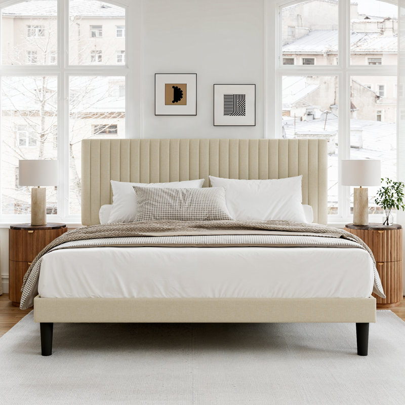 King Size Upholstered Platform Bed with Adjustable Headboard and Wooden Slats, Beige, King