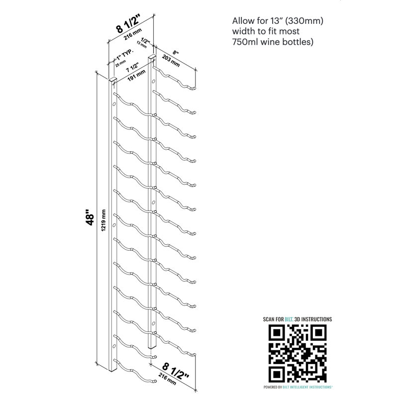 Support à vin mural pour 36 bouteilles Indurial, Chrome, H 48 po x l 13 po x P 12 po