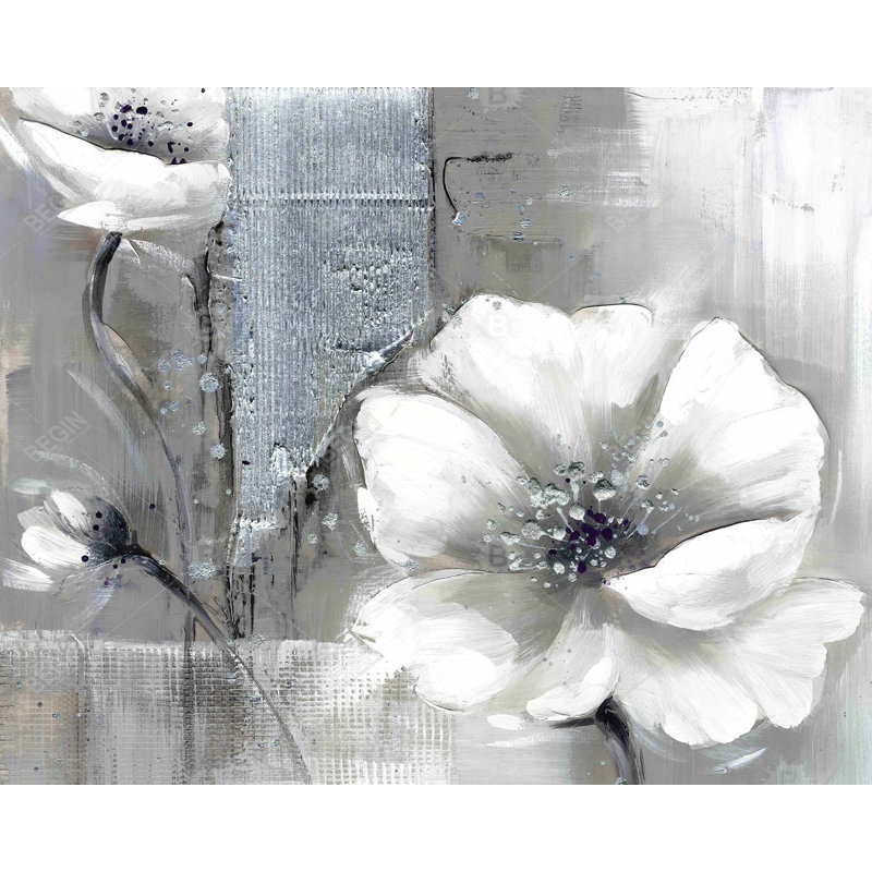 Monochrome And Silver Flowers Print On Canvas