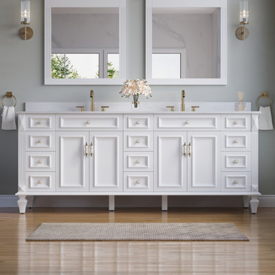 Meuble-lavabo Gamella 84 po L x 35 po H en bois massif, avec comptoir en quartz blanc de Carrare et double lavabo, blanc
