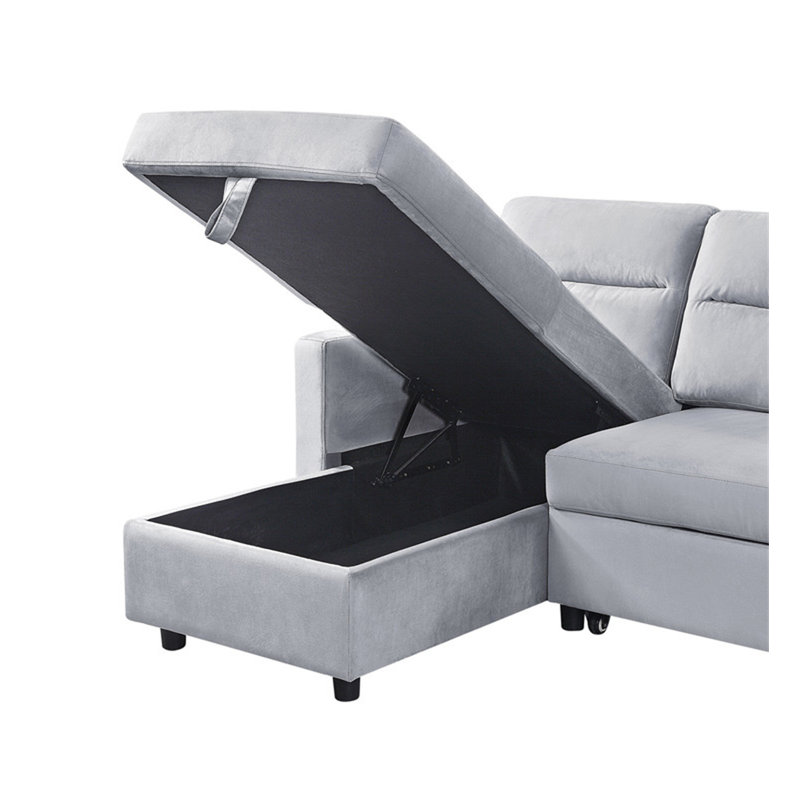 Canapé-lit modulaire réversible en velours gris clair de 81,5 po Ruby avec méridienne de rangement et poche latérale