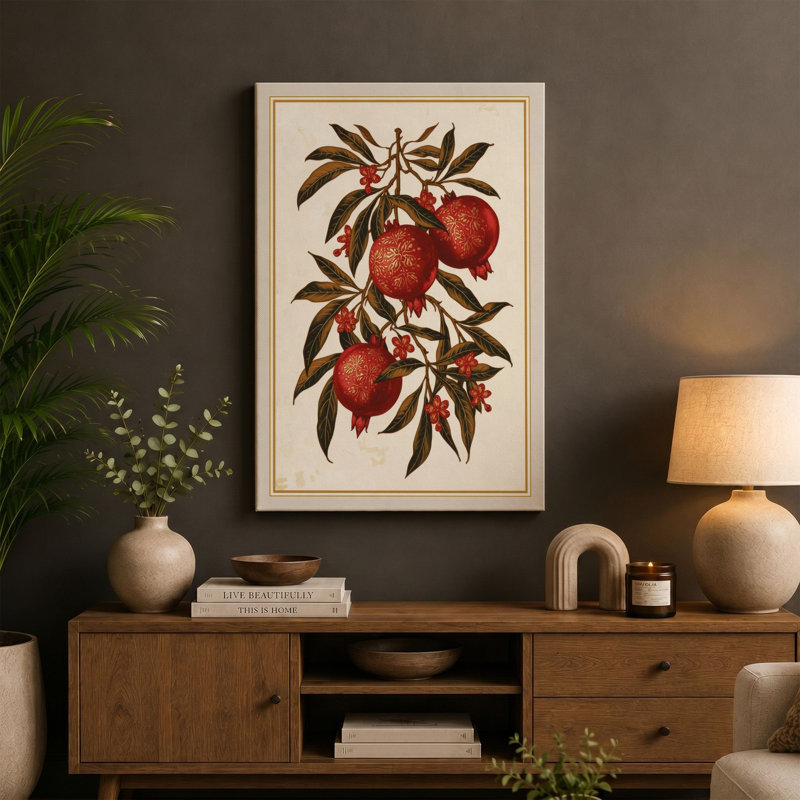 Pomegranate Study Botanical - Wrapped Canvas, 24x16 - 61.0 x 40.6 cm, Terracotta Border