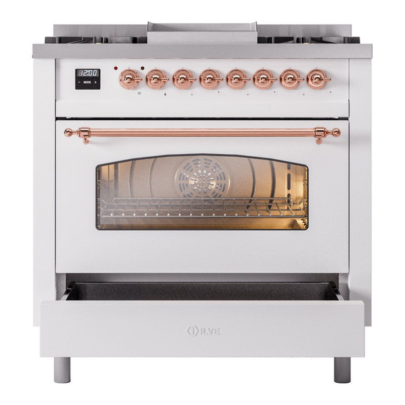 Cuisinière à double combustible 36 pouces avec 6 brûleurs, plaque chauffante (porte vitrée) ILVE Nostalgie II Series
