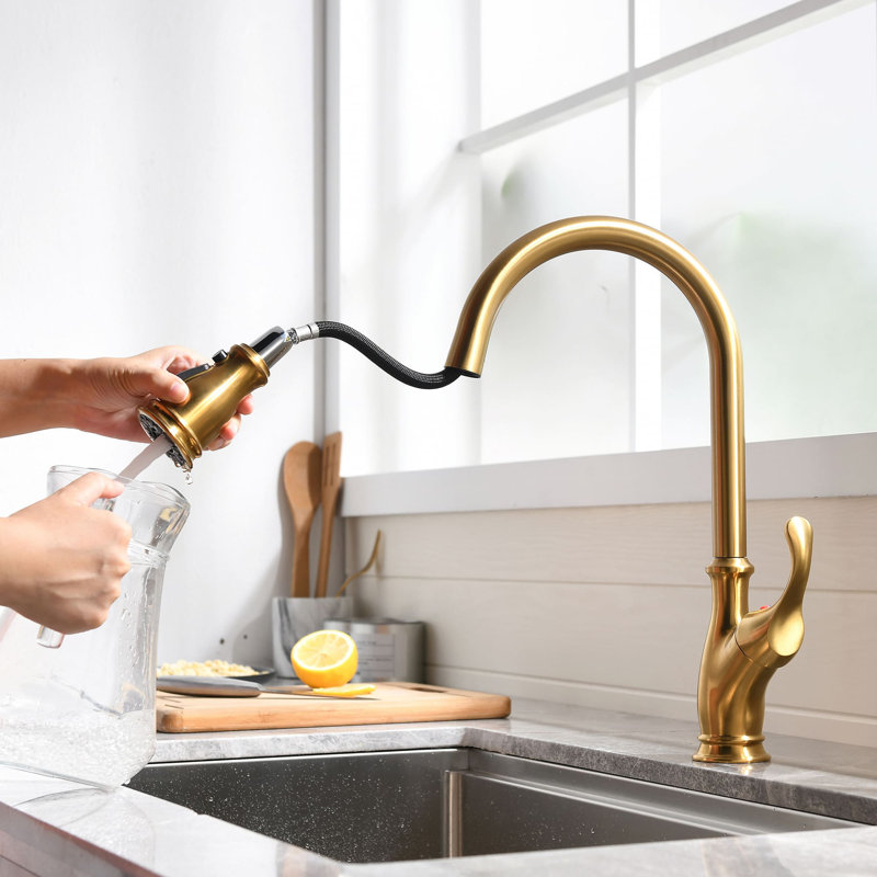 Robinet de cuisine à un trou avec douchette rétractable à 1 poignée et lavabo en laiton massif brossé