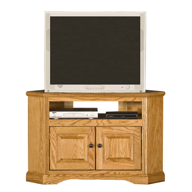Meuble télé de coin en bois massif pour téléviseur de 43 po ou moins Rafeef, Panneau de bois, Chêne clair moyen