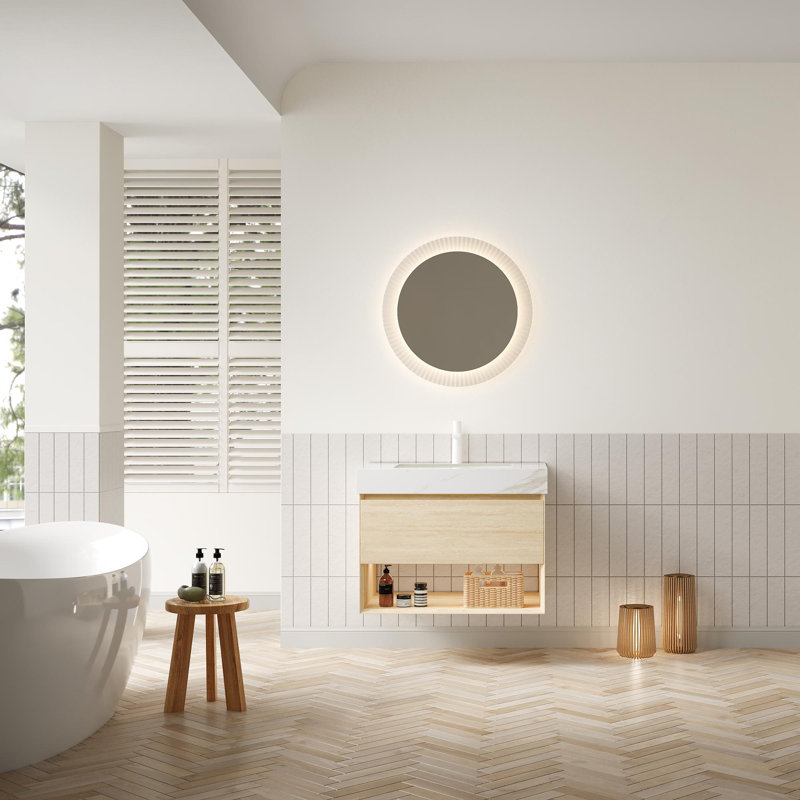 Meuble-lavabo 30 po, meuble de rangement flottant en contreplaqué, tiroir et tablette avec capteur de lumière, lavabo encastré en céramique et plateau en pierre frittée dorée Calacatta, pré-assemblé