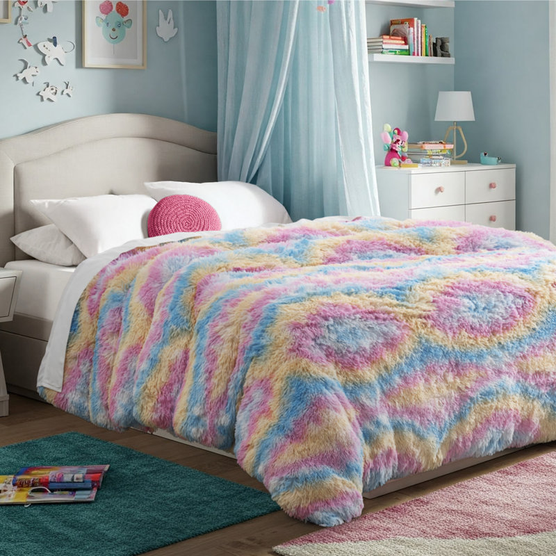 Shaggy Fleece Plush Duvet Cover, Queen Duvet Cover, Multi Tie-Dye
