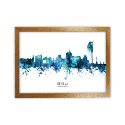 Geneva Switzerland Skyline Blue City Name by Michael Tompsett - 1 Piece Wall Art