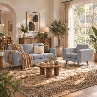 Mid-Century Modern 2-Piece Living Room Sofa Set, Includes  3-Seater Couch & Armchair, Tapered Wood Legs