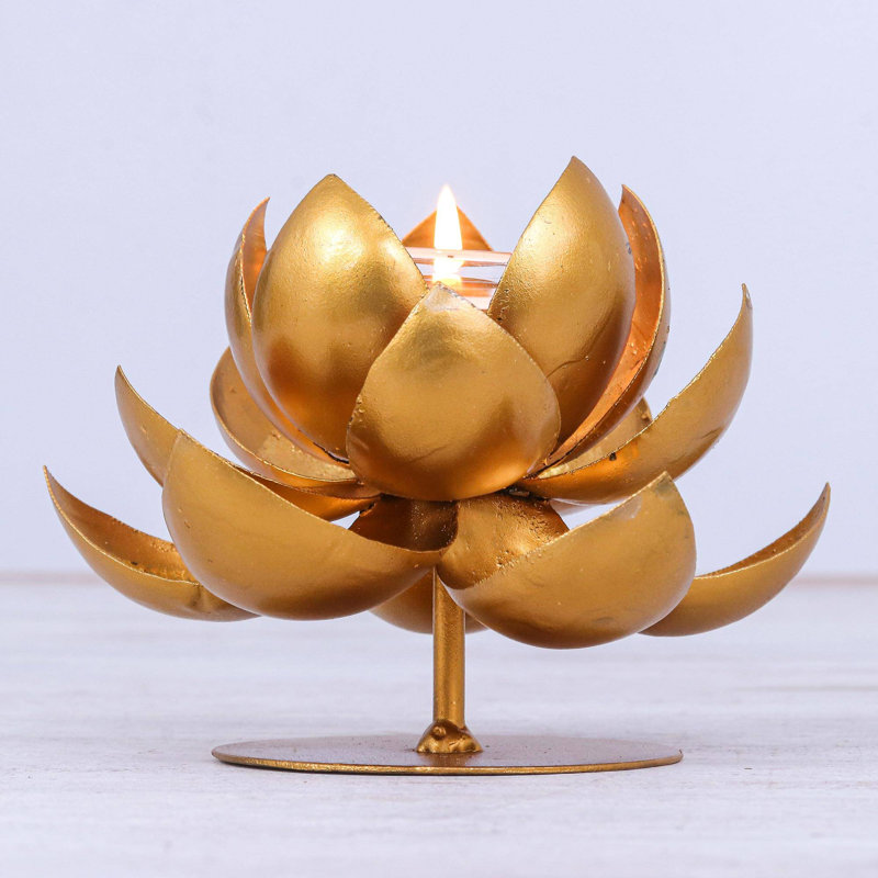 Photophore Bungalow Rose Lovely Lotus et acier et feuille d'or