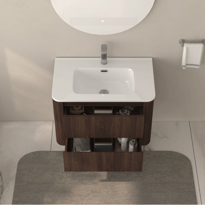 30" Wall Mounted Bathroom Vanity with Sink Floating Vanity Two Drawers Dark Walnut Bathroom Cabinet with White Ceramic Integrated Sink