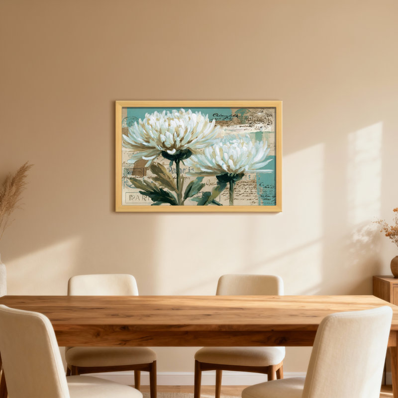 Plantes et fleurs de chrysanthèmes blancs sur fond rétro, H 16 po x l 24 po, Toile tendue, Ne s’applique pas