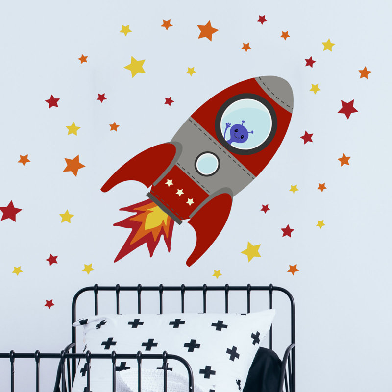 Flying Rocket Wall Stickers, 37cm H x 57cm W, Red