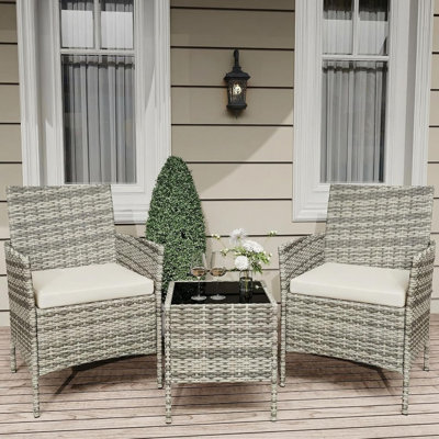 3-Piece Outdoor Rattan Bistro Set with Tempered Glass Table and 2 Cushioned Chairs for Patio, Balcony, or Poolside