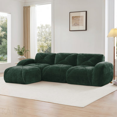 L-Shaped Velvet Boneless Sofa - Tufted, Ergonomic, 32D Sponge, Anti-Slip, Ottoman - Green