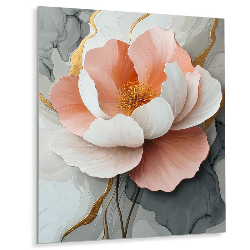 Blanc et corail, pivoines élégance II - pivoines, impression sur métal, H 32 po x l 24 po
