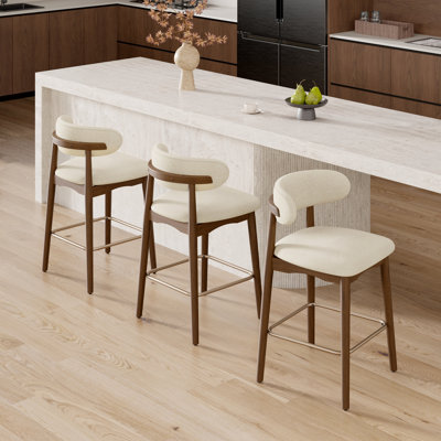 Modern Upholstered Counter Height Bar Stool With Back, Non-swivel, Solid Rubberwood Legs And Bronze Metal Footrest