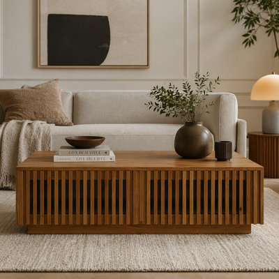 Modern Solid Wood Coffee Table with Slatted Storage Drawers, Rectangular Low Profile Wooden Cocktail Table, Farmhouse Hidden Storage Center Table
