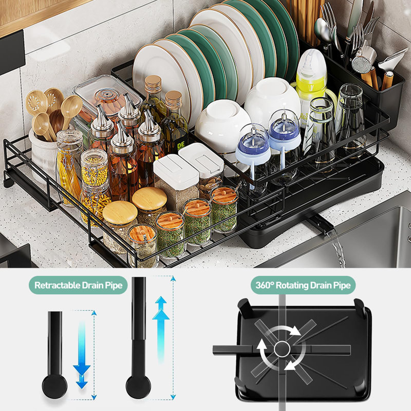 Extendable Dish Rack with Cutlery Holder, Anti-Rust Black Dish Racks for Kitchen Counter, Dish Drying Rack