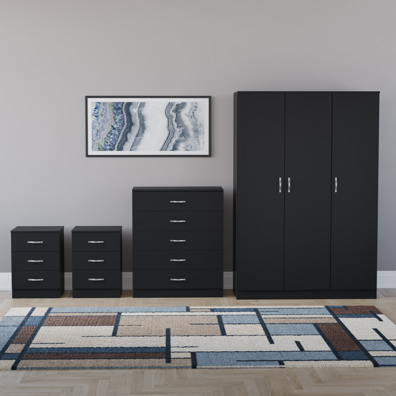 Tayce 4 Piece Bedroom Set (3 Drawer Bedside Chest X2, 5 Drawer Chest, 3 Door Wardrobe), Black