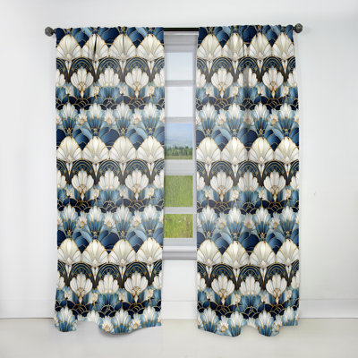 1970s Blue And White Damask Art Deco - Bohemian Curtain - Velvet Room Darkening - 1 panel