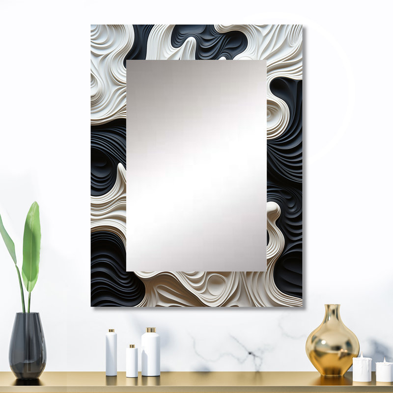 Black White Opt Art Rhythmic Pulses I - Modern Rectangular Wall Mirror, 32 po x 24 po