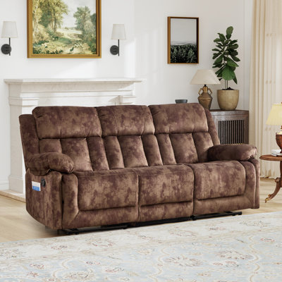 83.86' Wide Modern Manual Recline Sofa With Drop-Down Center Table & Dual Cup Holders