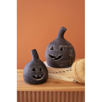  Halloween Decorative Lanterns Handmade Black Clay Jack Lanterns 8" H Set of 2