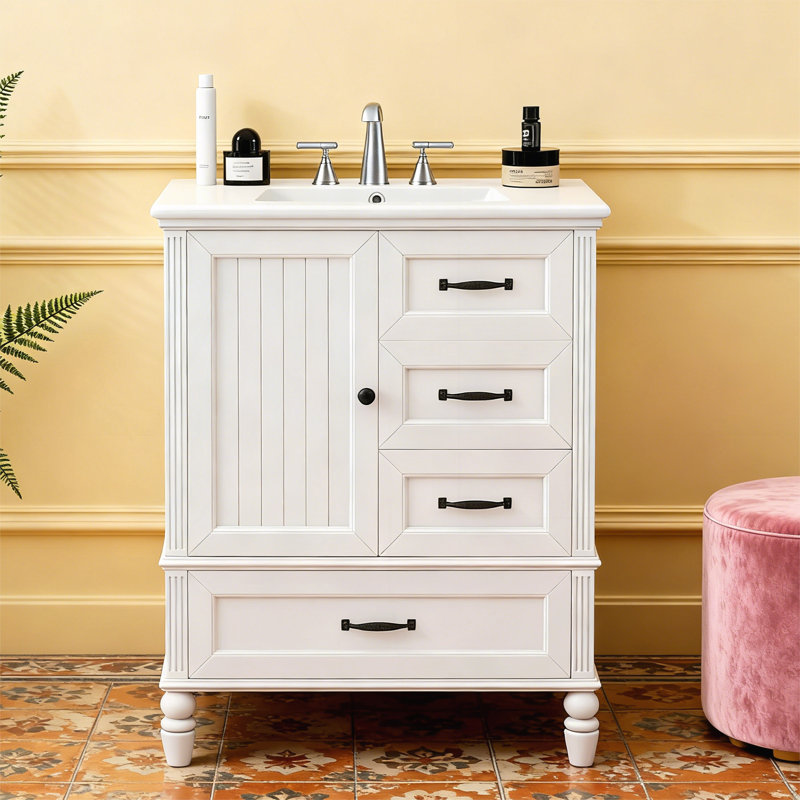 Armoire de salle de bain avec une porte et trois tiroirs, Blanc