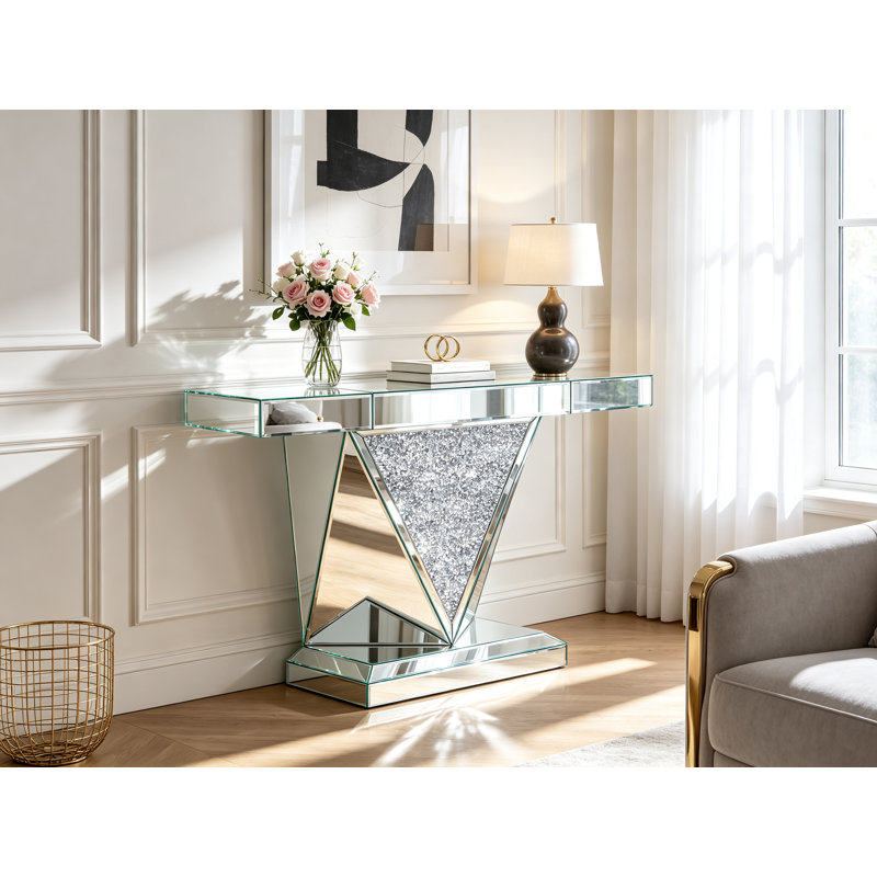 Mirrored Crushed‑Diamond V‑Shaped Console Table